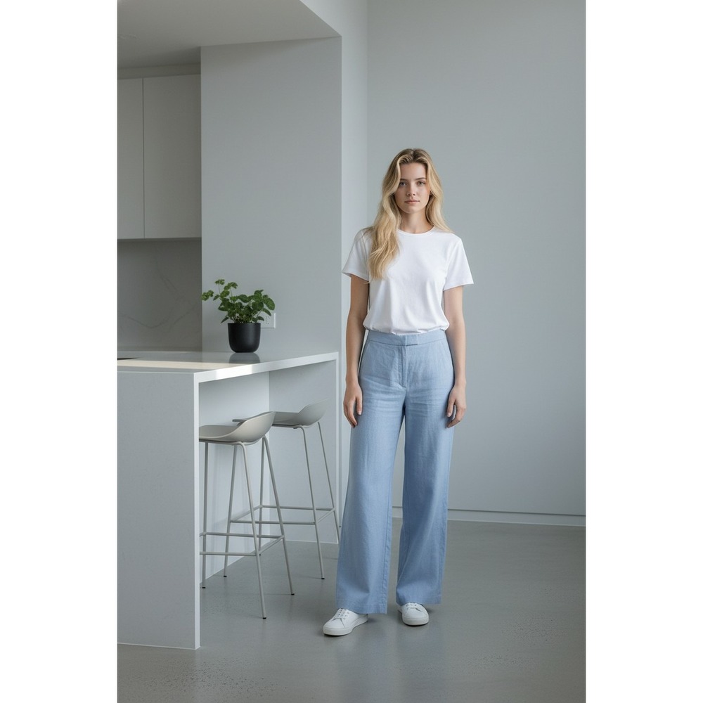 J. McLaughlin SZ 4 Linen Blend Light Blue Wide Leg Flat Front Pants Pockets